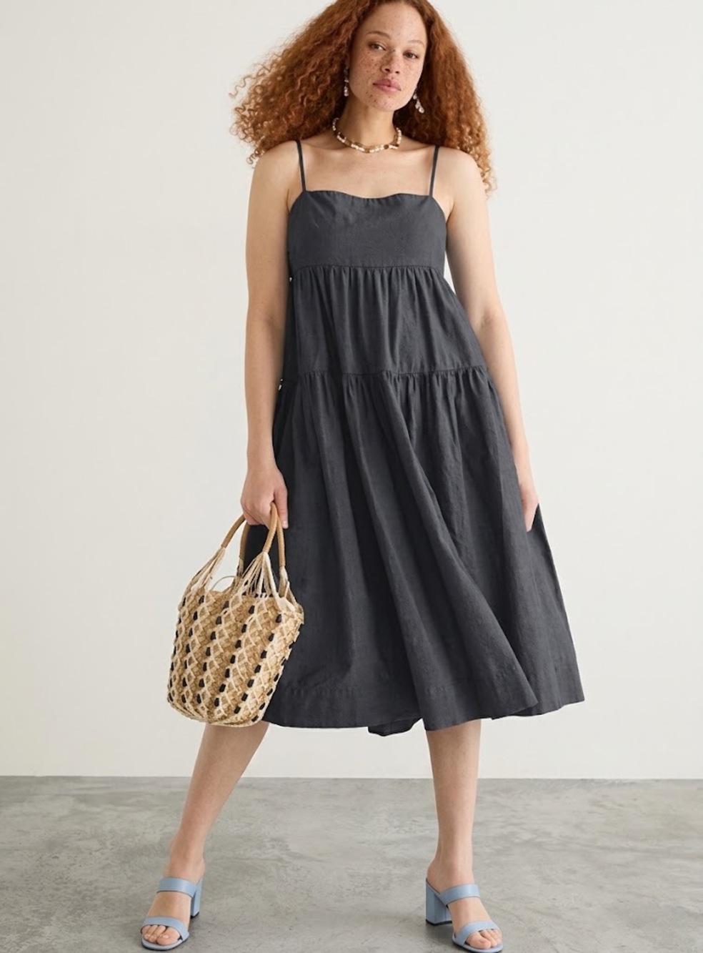 J.Crew Black Cotton Jersey Tie Back Tiered Midi Dress Size M EUC